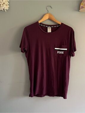 Victoria's Secret PINK Men's Crew Pocket Tee - Burgundy with White Stripe